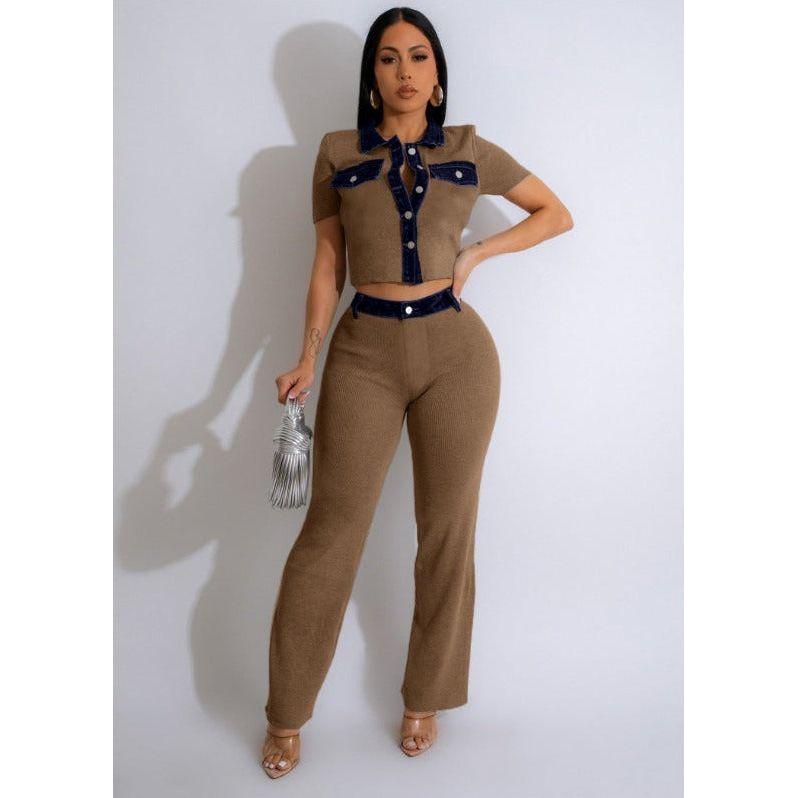 Long Jean Outfits Short Shoulder Denim Two Piece Set