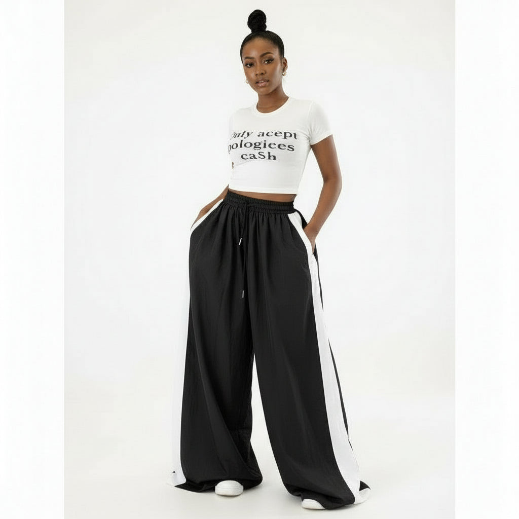 Cargo Wide Leg Long Palazzo Pants & Crop T-Shirt Set