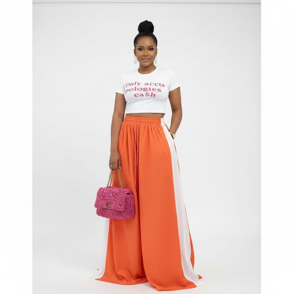 Cargo Wide Leg Long Palazzo Pants & Crop T-Shirt Set
