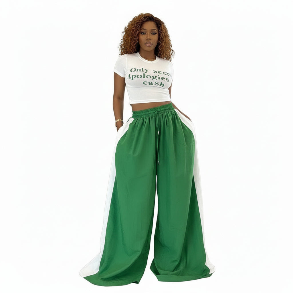 Cargo Wide Leg Long Palazzo Pants & Crop T-Shirt Set