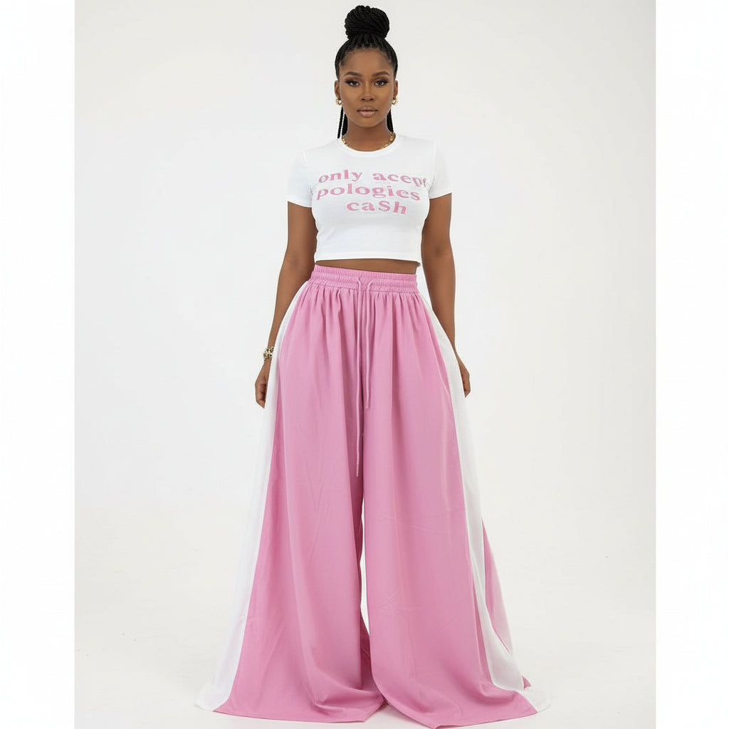 Cargo Wide Leg Long Palazzo Pants & Crop T-Shirt Set
