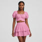 Sweetheart Neck Puff Sleeve Crop Top & Ruched Ruffle Hem Skirt Set