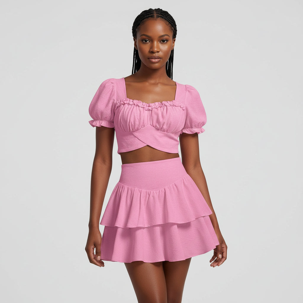 Sweetheart Neck Puff Sleeve Crop Top & Ruched Ruffle Hem Skirt Set