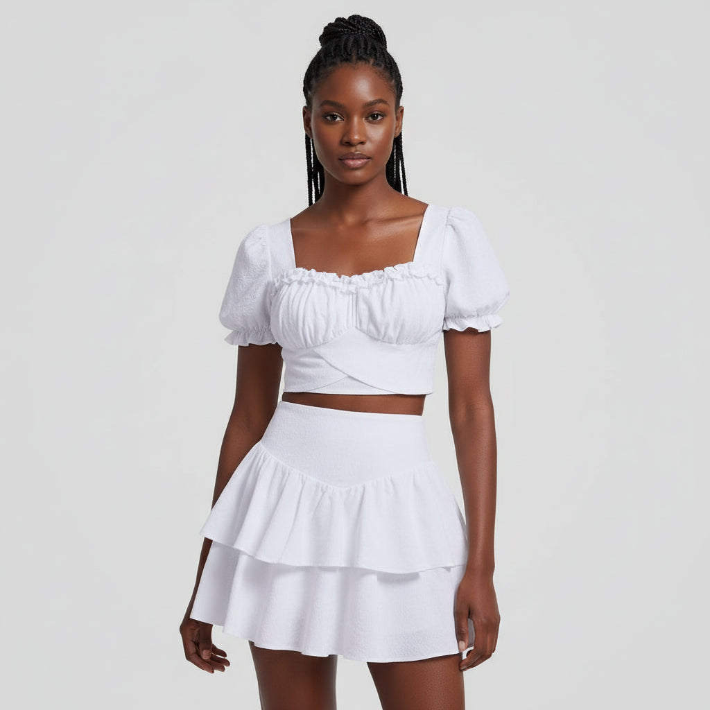 Sweetheart Neck Puff Sleeve Crop Top & Ruched Ruffle Hem Skirt Set
