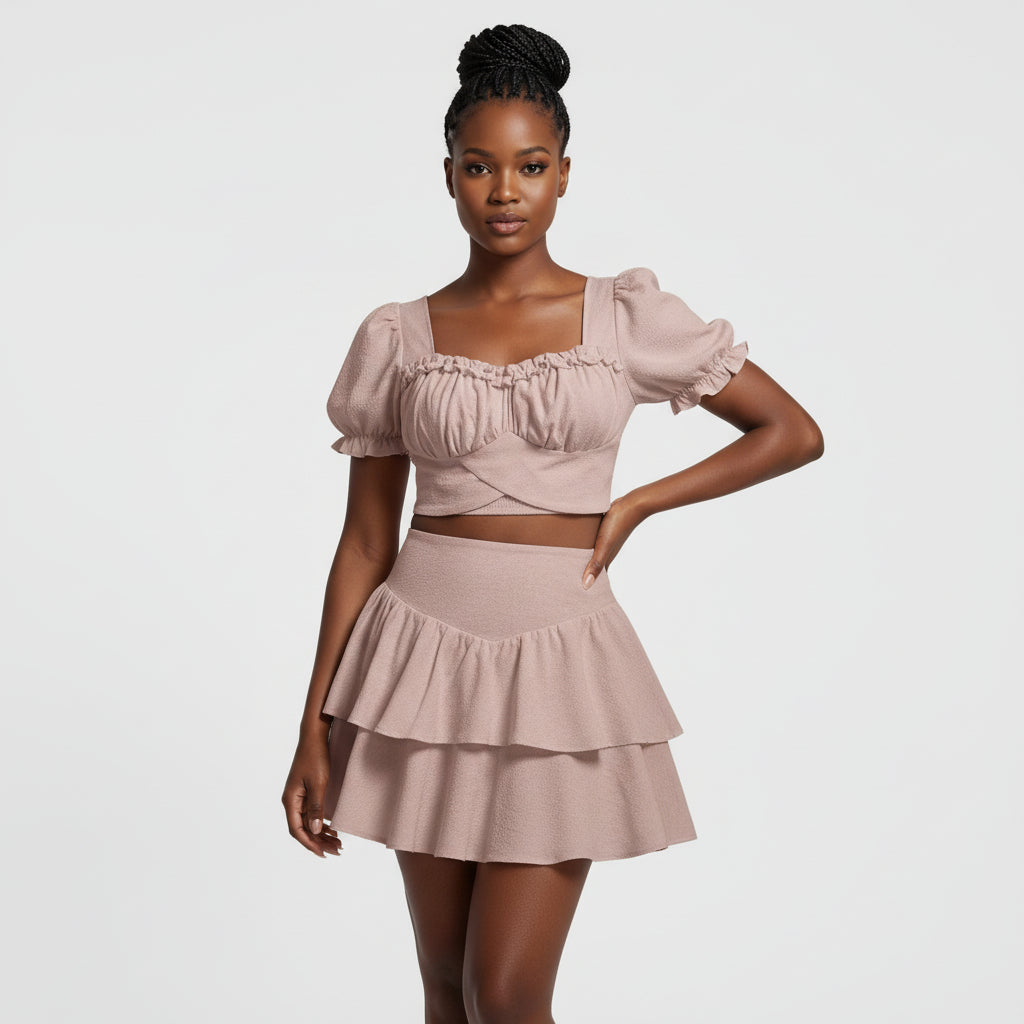 Sweetheart Neck Puff Sleeve Crop Top & Ruched Ruffle Hem Skirt Set