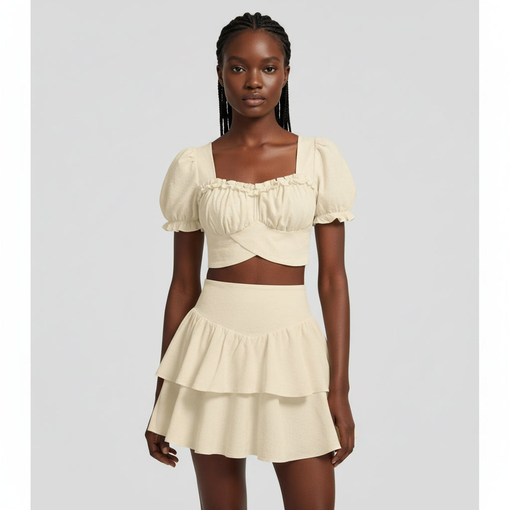 Sweetheart Neck Puff Sleeve Crop Top & Ruched Ruffle Hem Skirt Set