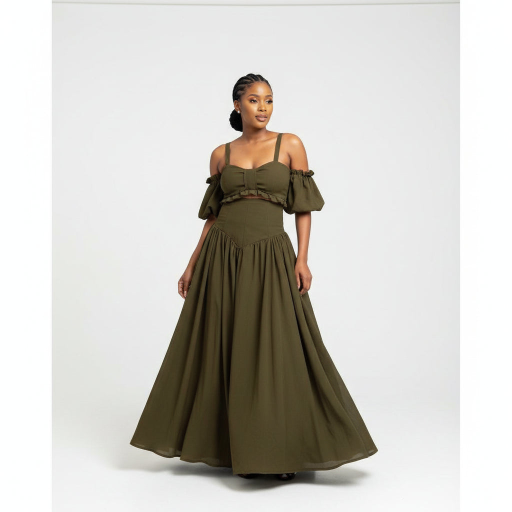 Drop Waist Skirt Paired with an Off-Shoulder Top Set