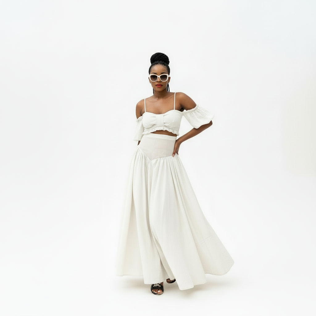 Drop Waist Skirt Paired with an Off-Shoulder Top Set