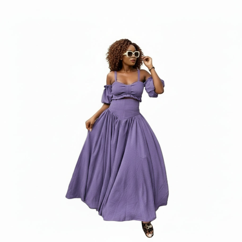 Drop Waist Skirt Paired with an Off-Shoulder Top Set