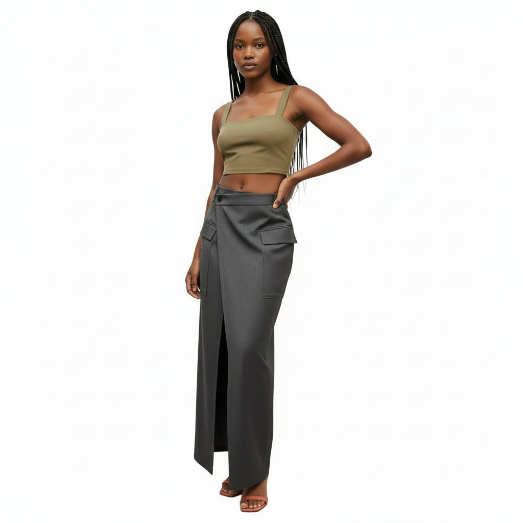 High Waist Ruched Split Thigh Skirt