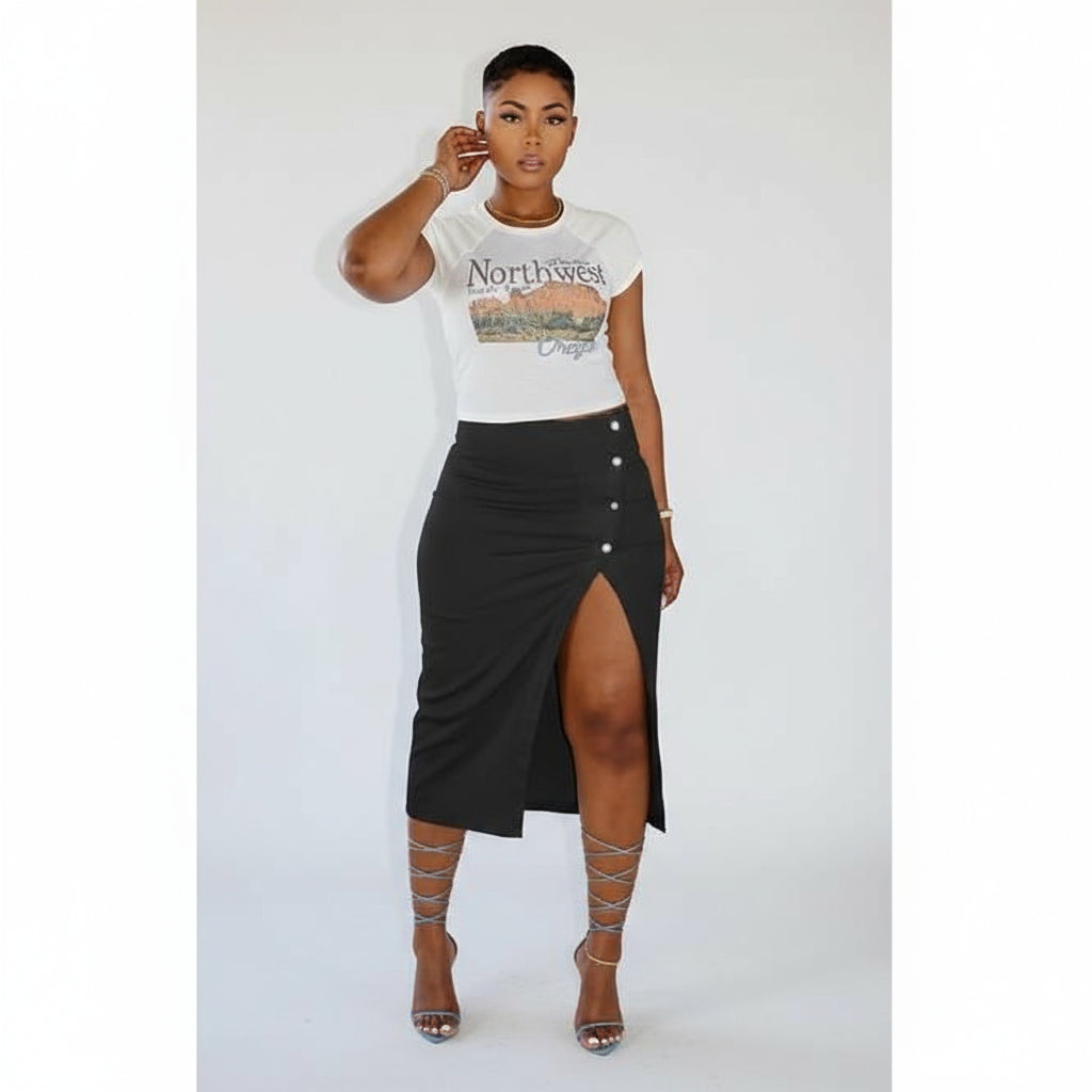 Button Design Split Hem Casual Midi Skirt