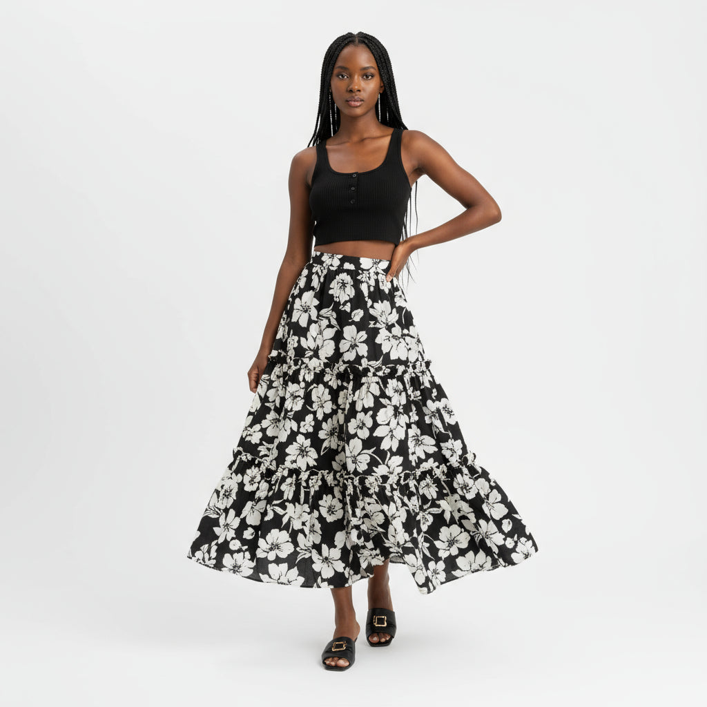 Frenchy Plus Floral Print Ruffle Hem Skirt