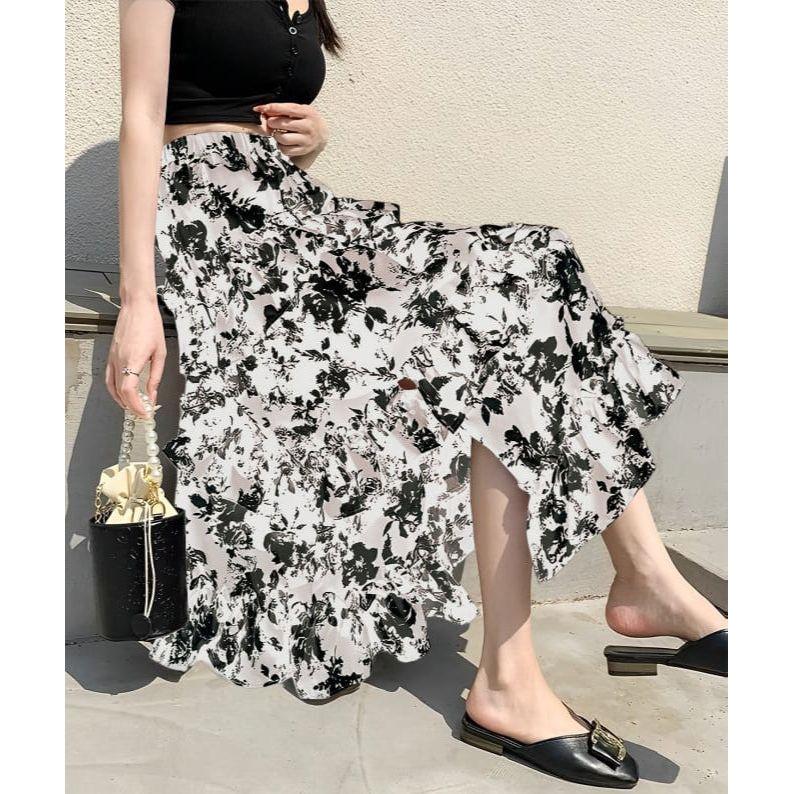 Frenchy Plus Floral Print Ruffle Hem Skirt