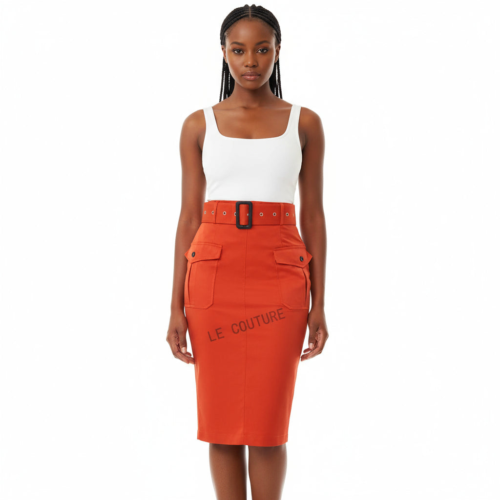 Formal Belted Utility Pencil Midi Skirt