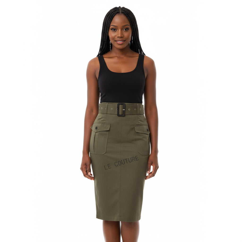 Formal Belted Utility Pencil Midi Skirt