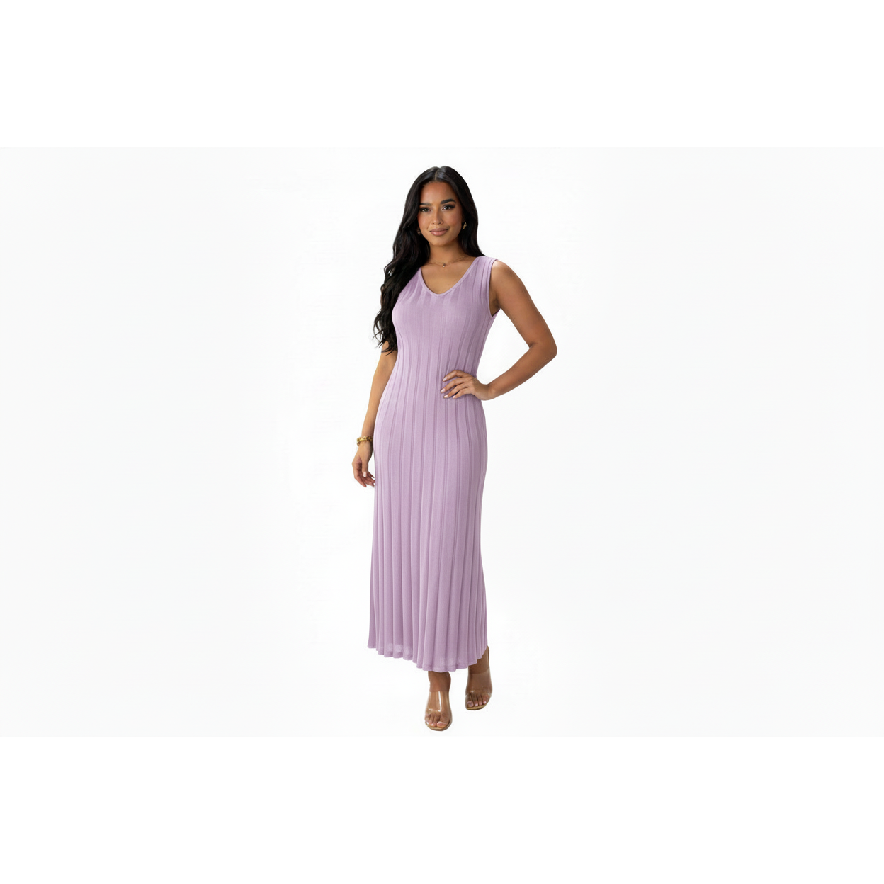 V-Neck  Contrasting Pleated Knitted Maxi Dress.