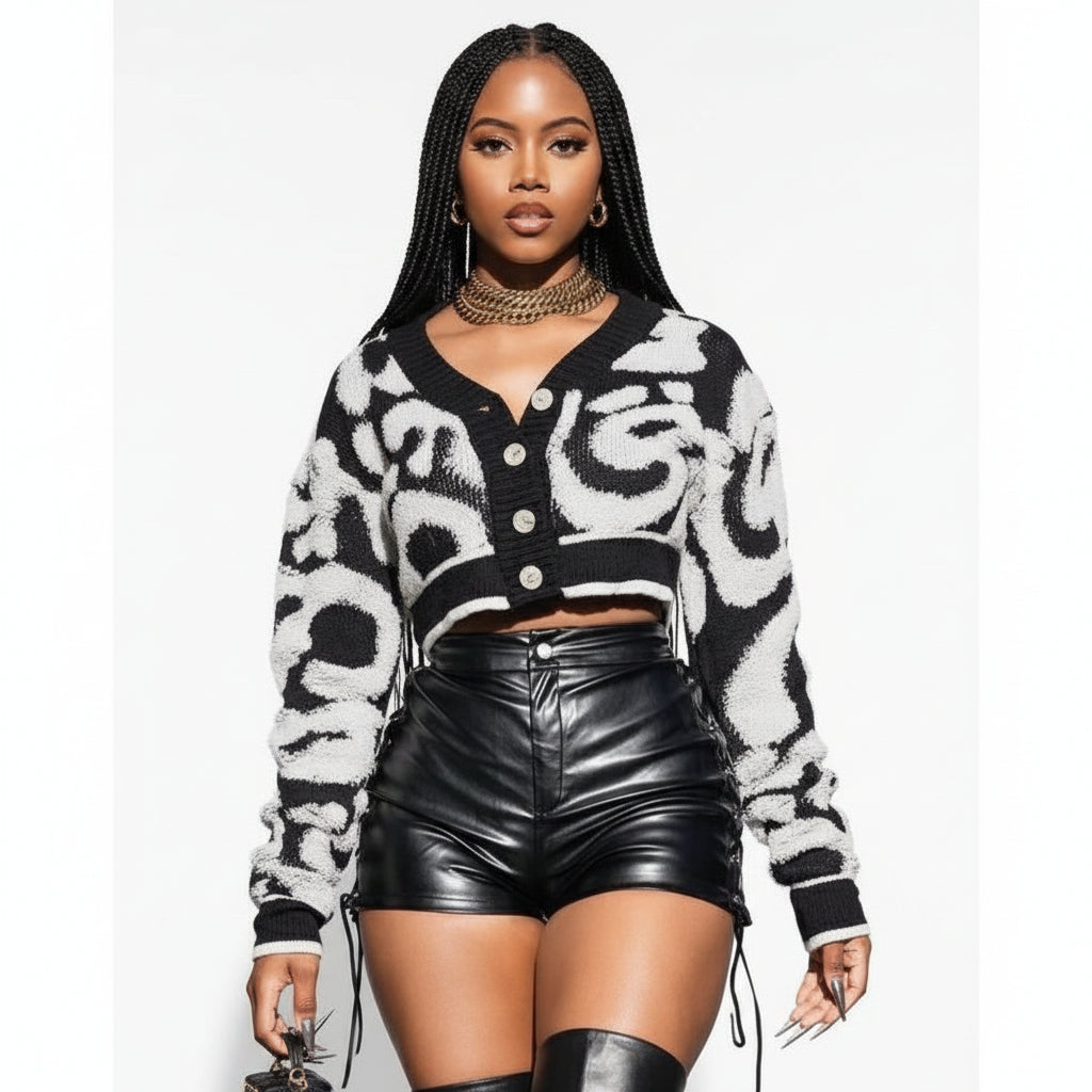 Graffiti Print Long Sleeve Button Down Knit Sweater Tops