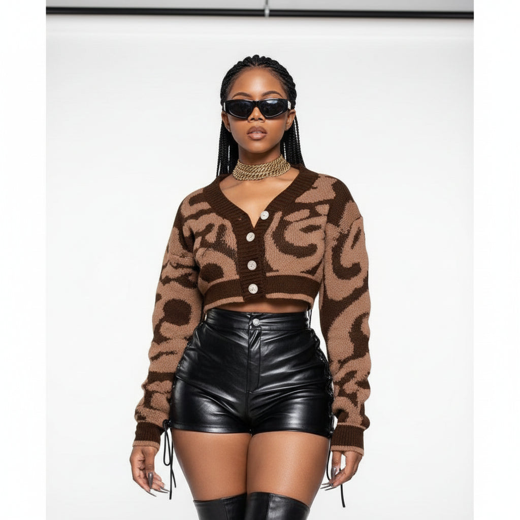 Graffiti Print Long Sleeve Button Down Knit Sweater Tops