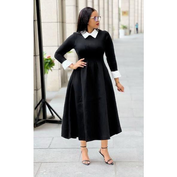 Classic Contrast Collar Fold Pleated Dress