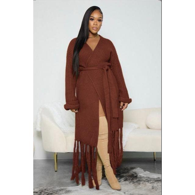 Tassel Lace-Up Warm Long Coat Cozy Knit Cardigan