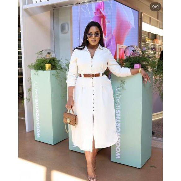 Turn Down Collar V Neck Button Elegant Shirt Dress.