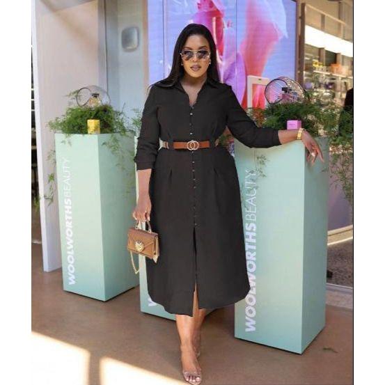 Turn Down Collar V Neck Button Elegant Shirt Dress.