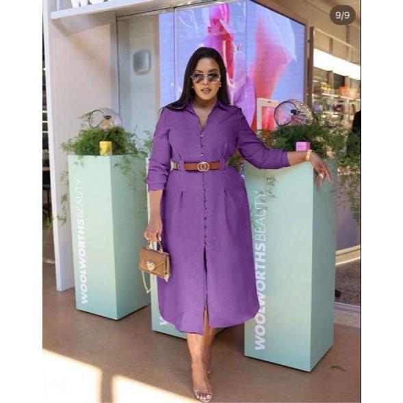 Turn Down Collar V Neck Button Elegant Shirt Dress.