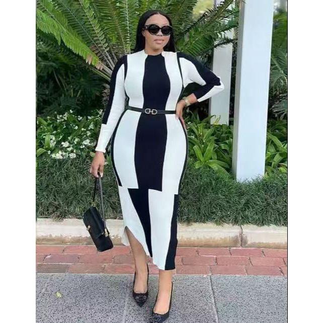 Striped Pattern Long Sleeve A-line Midi Dress