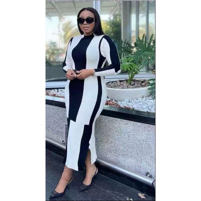 Striped Pattern Long Sleeve A-line Midi Dress