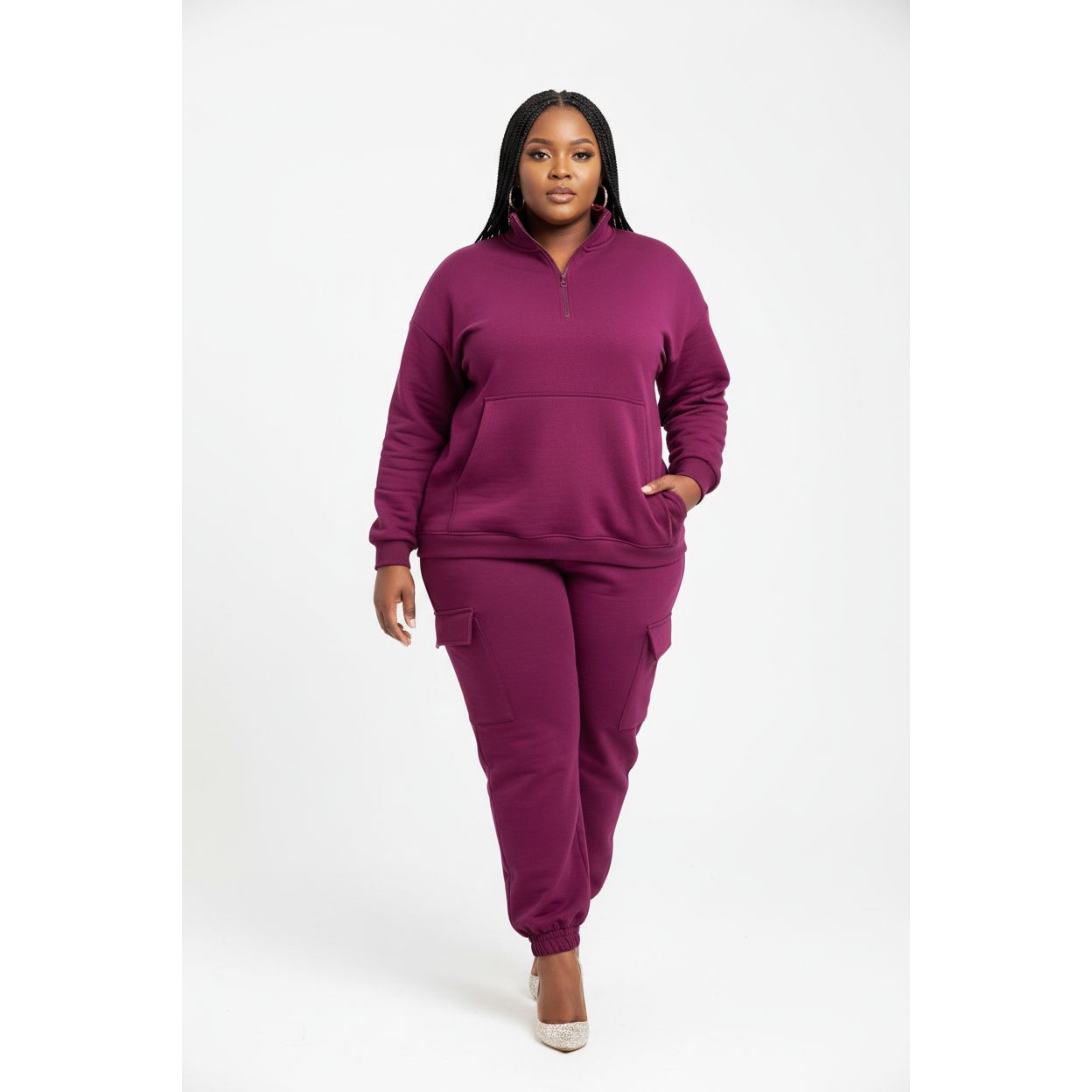 Sleeve Knit Top & Elastic Waist Pant Two Piece Tracksuit Set