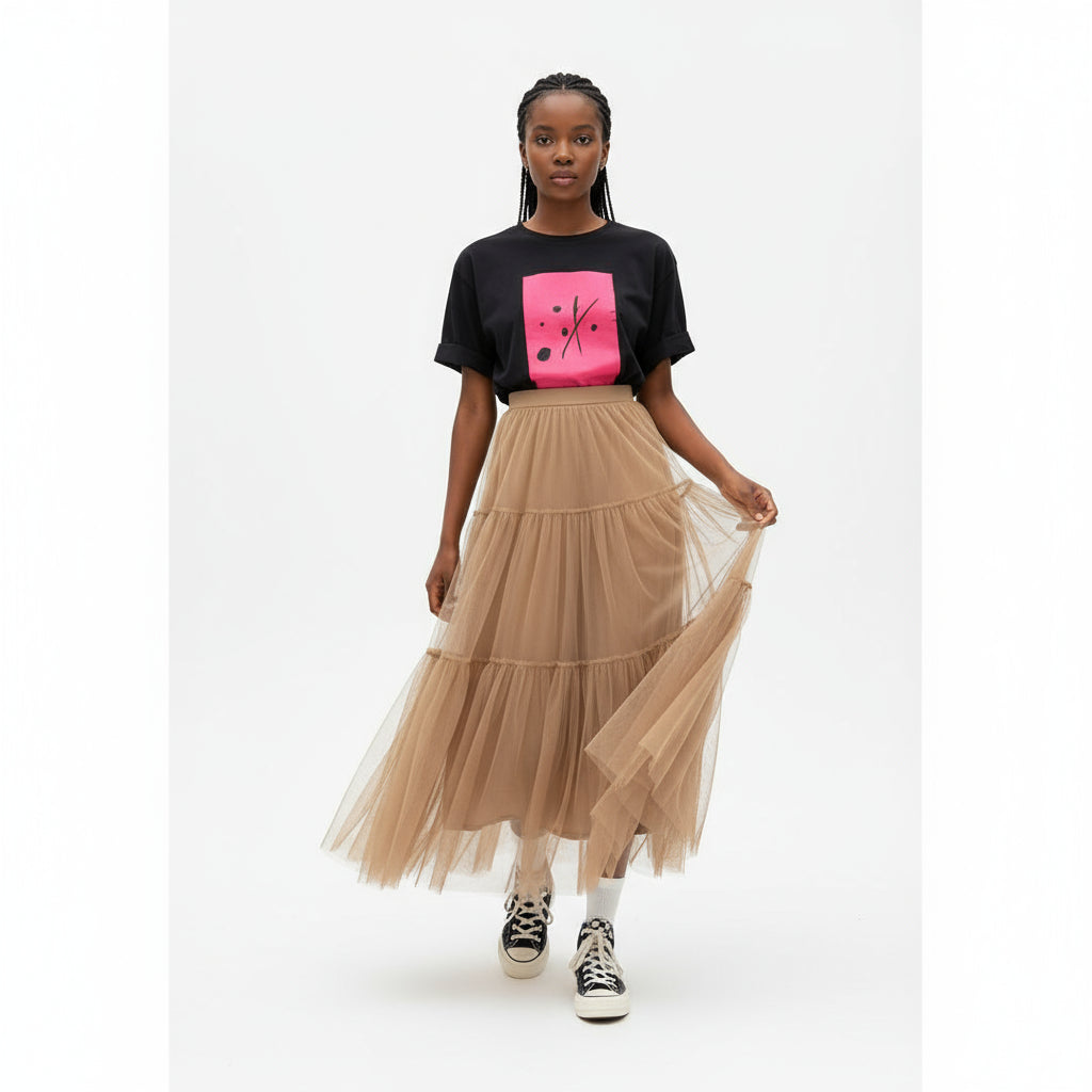Mesh Tulle Layered Pleated Elegant Maxi Skirt
