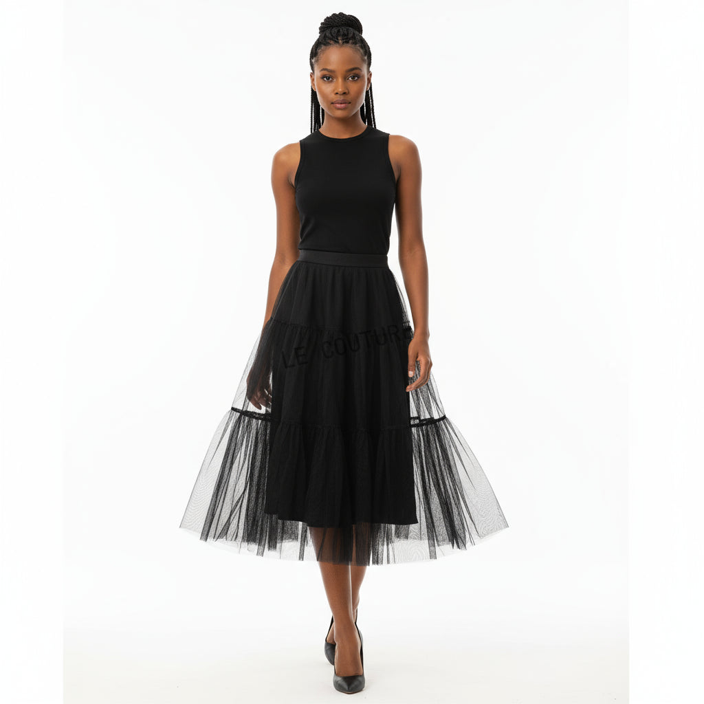 Mesh Tulle Layered Pleated Elegant Maxi Skirt
