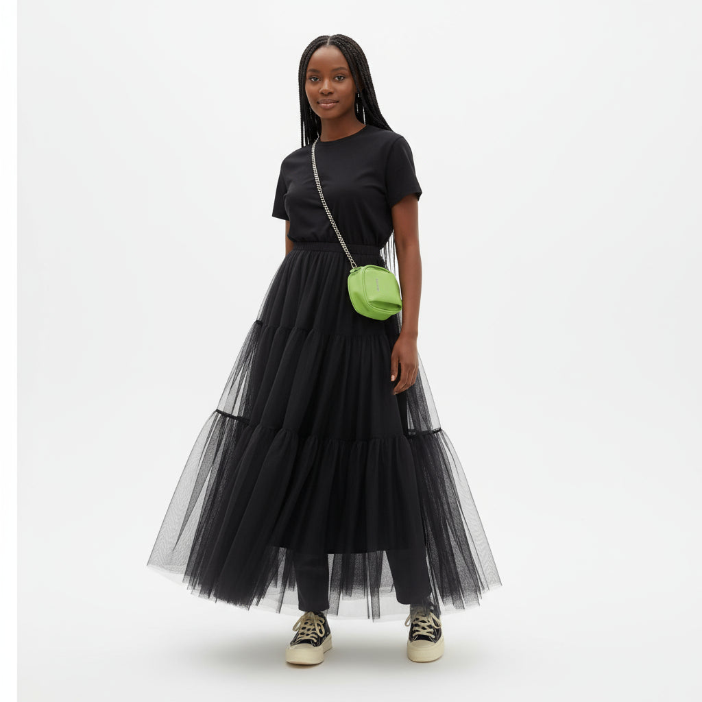 Mesh Tulle Layered Pleated Elegant Maxi Skirt