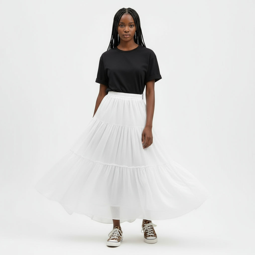 Mesh Tulle Layered Pleated Elegant Maxi Skirt