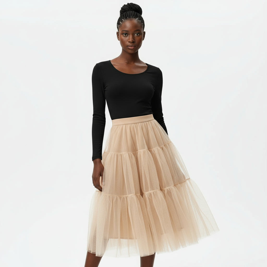 Mesh Tulle Layered Pleated Elegant Maxi Skirt