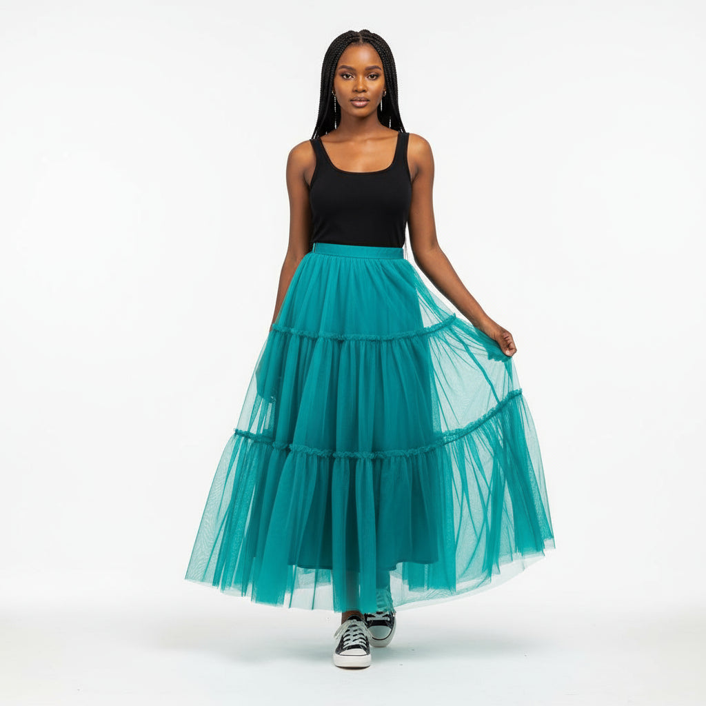 Mesh Tulle Layered Pleated Elegant Maxi Skirt