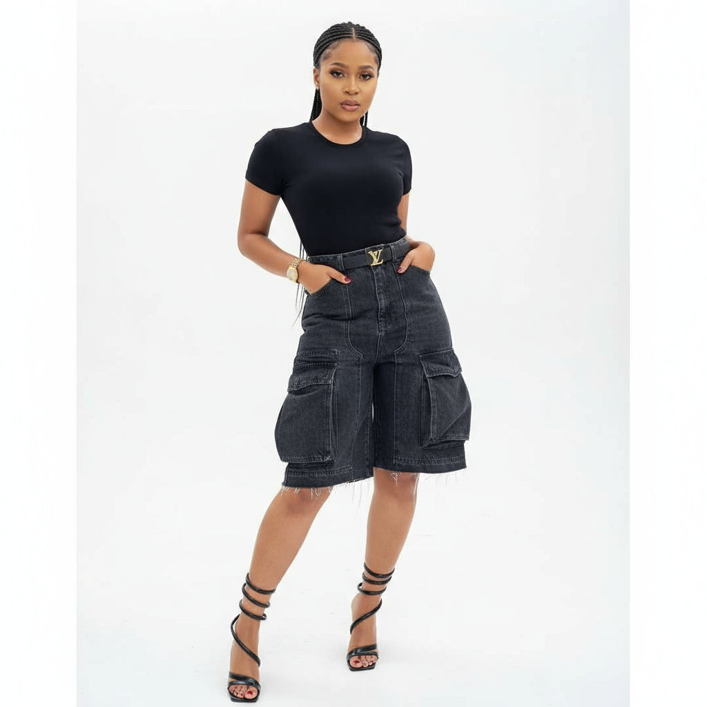Denim Bermuda Shorts High Waist Baggy Cargo Pants