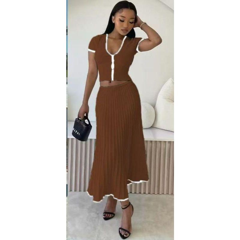Short Sleeve V Neck Cropped Tops Midi Skirt Knitted Two Piece Set