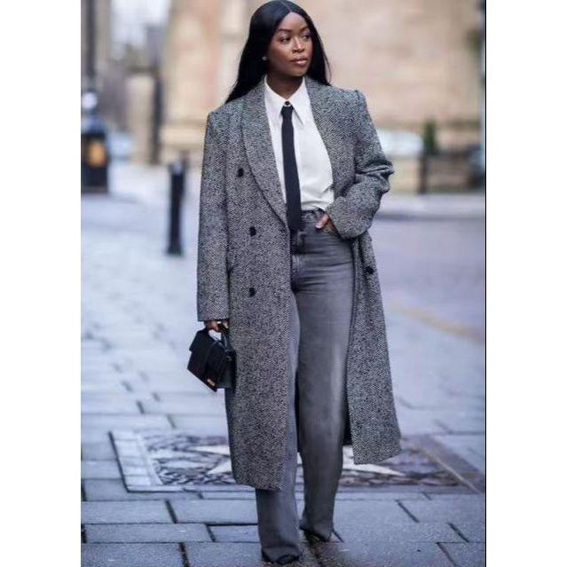 Double Breasted Wool Blend Midi Herringbone Coat