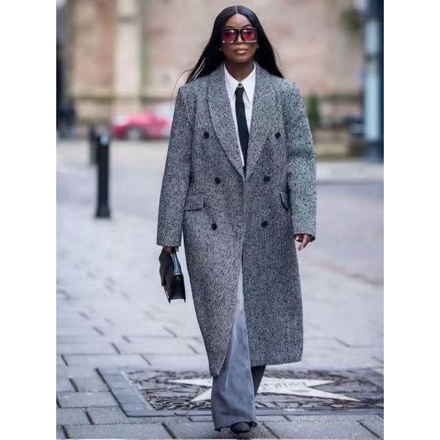 Double Breasted Wool Blend Midi Herringbone Coat