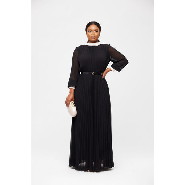 O-Neck Long Sleeve Pleated with Nude Trim Patchwork Dress – YELLOW