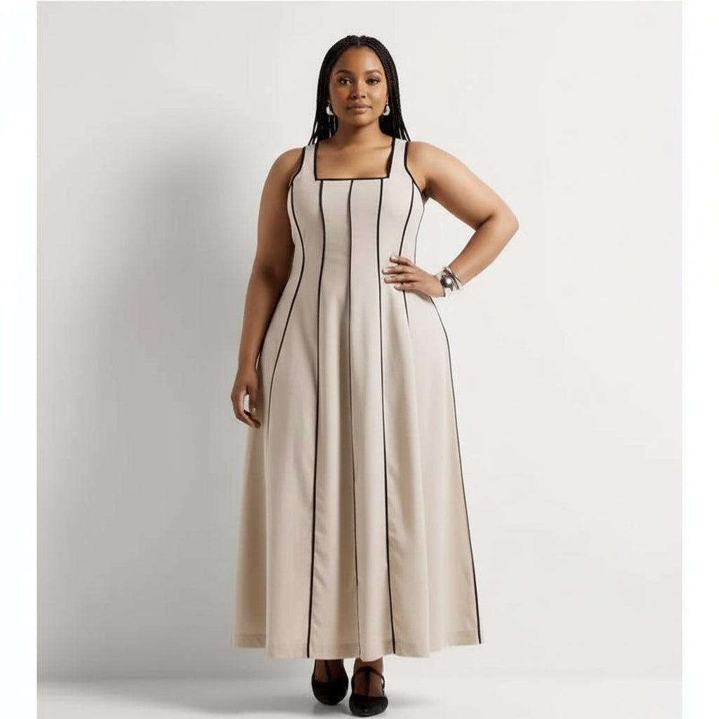 Sleeveless Striped Contrast Binding Sleeveless Midi Dress