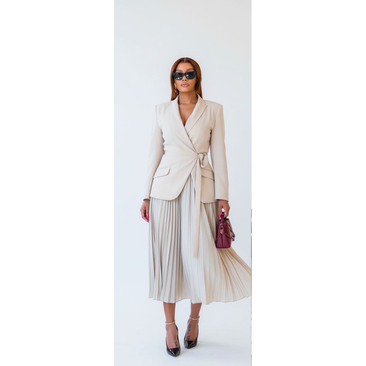 Modern Pleated Long Sleeve Blazer Dress