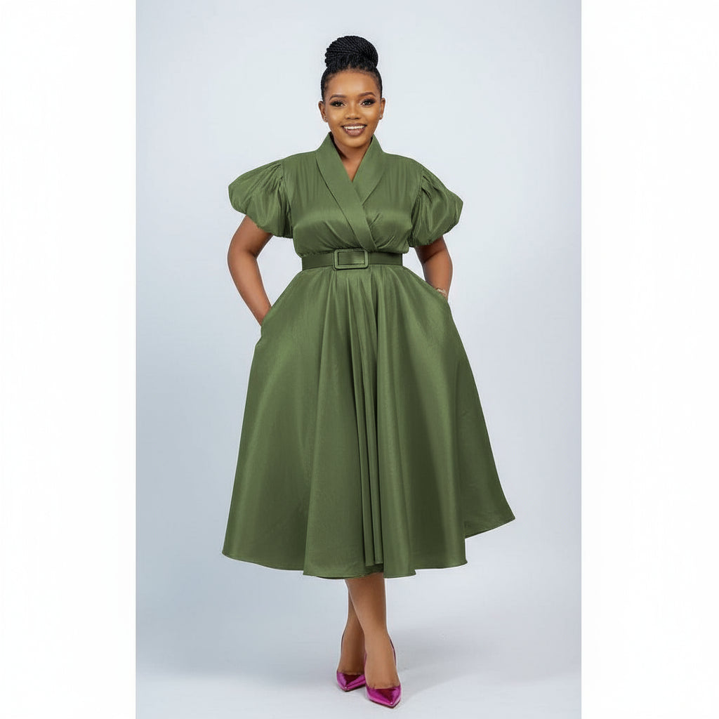 Formal Elegant Overlap Collar A-line Midi Dress.