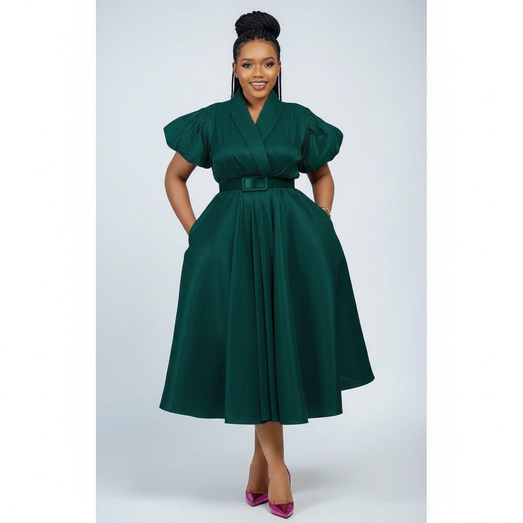 Formal Elegant Overlap Collar A-line Midi Dress.