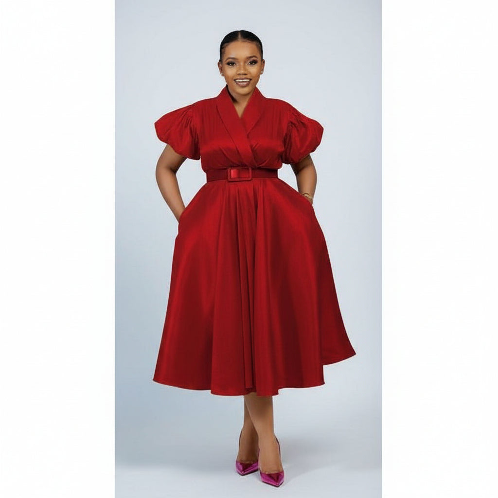 Formal Elegant Overlap Collar A-line Midi Dress.