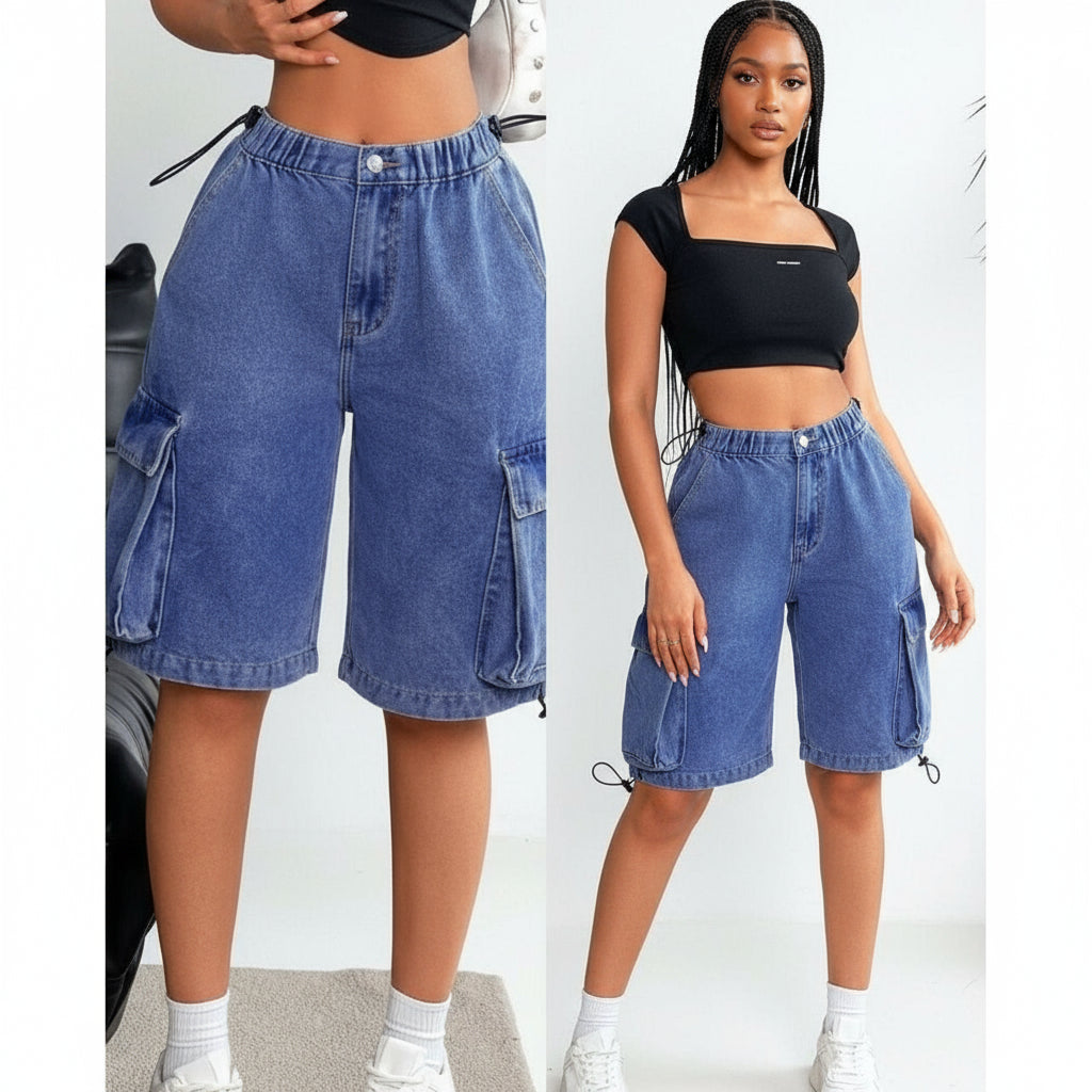 Ladies' Summer Casual Flap Pocket Cargo Denim Shorts