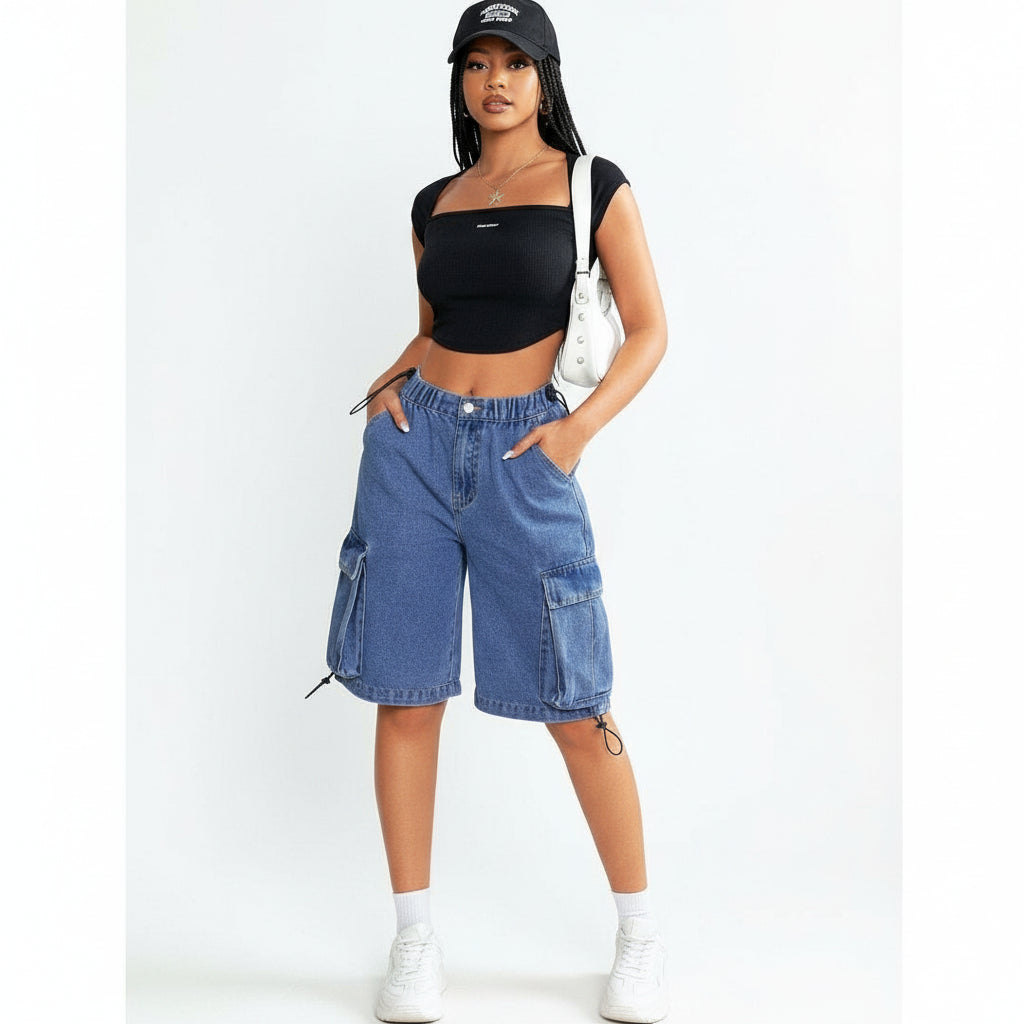 Ladies' Summer Casual Flap Pocket Cargo Denim Shorts