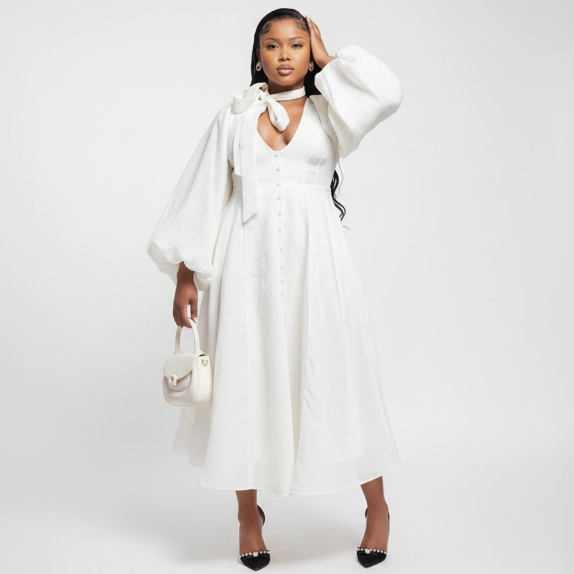 Women's Elegant Solid Color Lantern Sleeve Dress