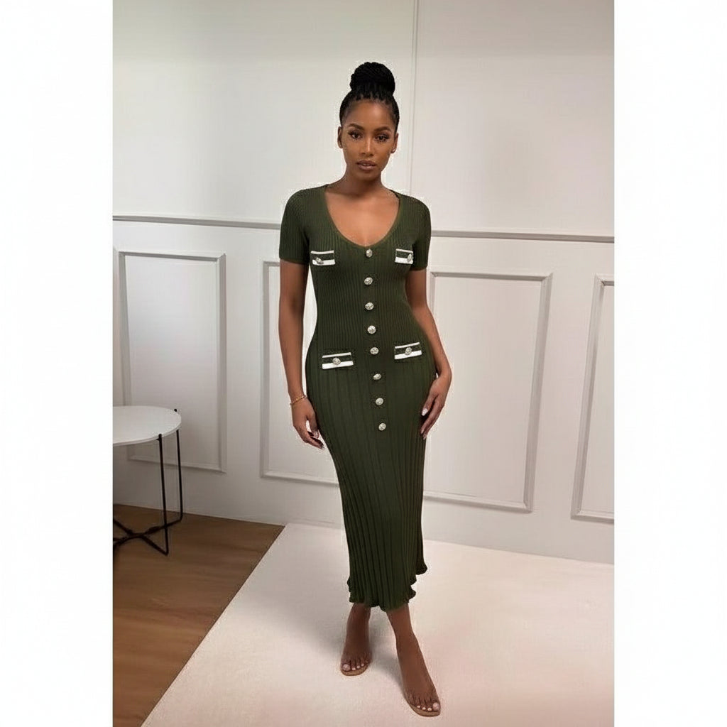 Women's Knit Short Sleeve V-Neck Casual Maxi Dresses